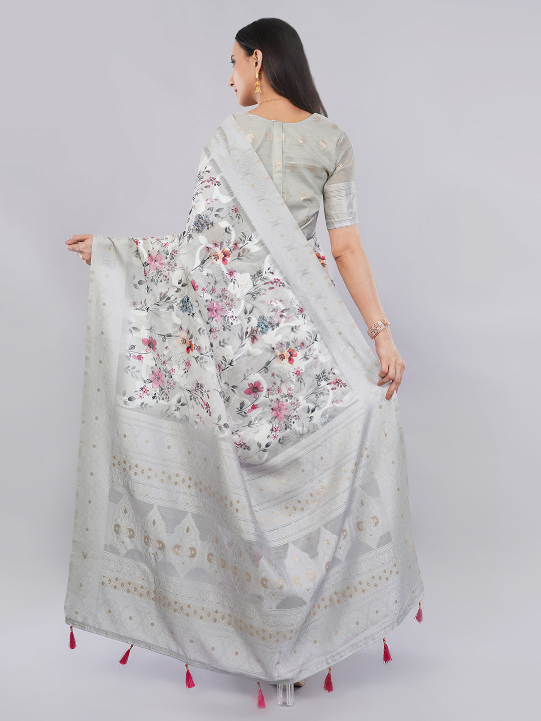Samantha Off White Floral Printed Chanderi Saree with Zari Pallu