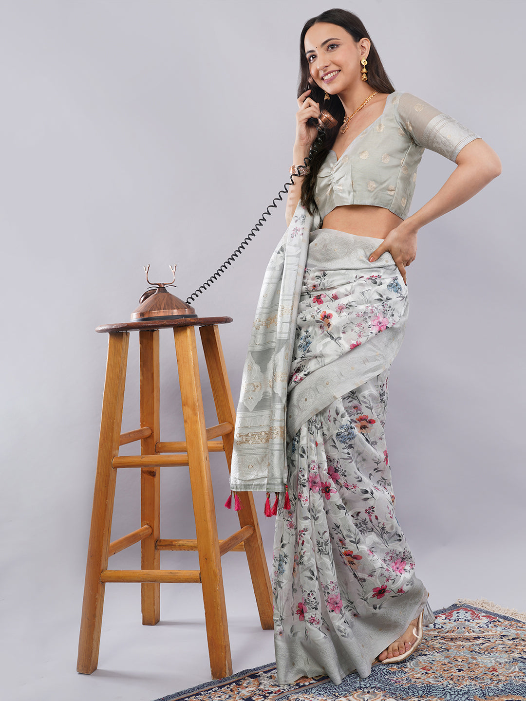 Samantha Off White Floral Printed Chanderi Saree with Zari Pallu