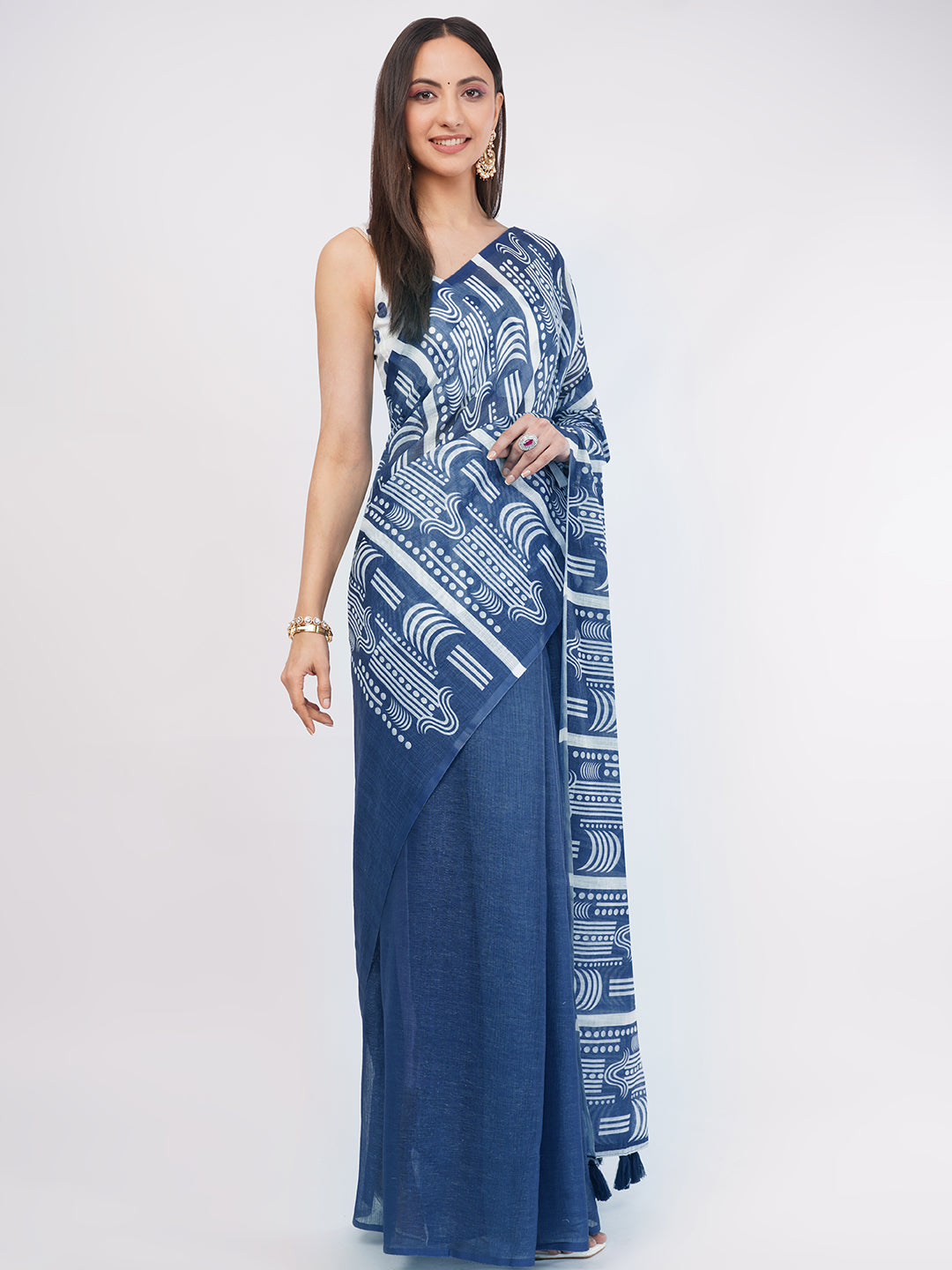 Samantha Women's Indigo Blue & White Geometric Printed Linen Saree with Polka Dot Blouse Piece | Breathable Corporate Office Wear