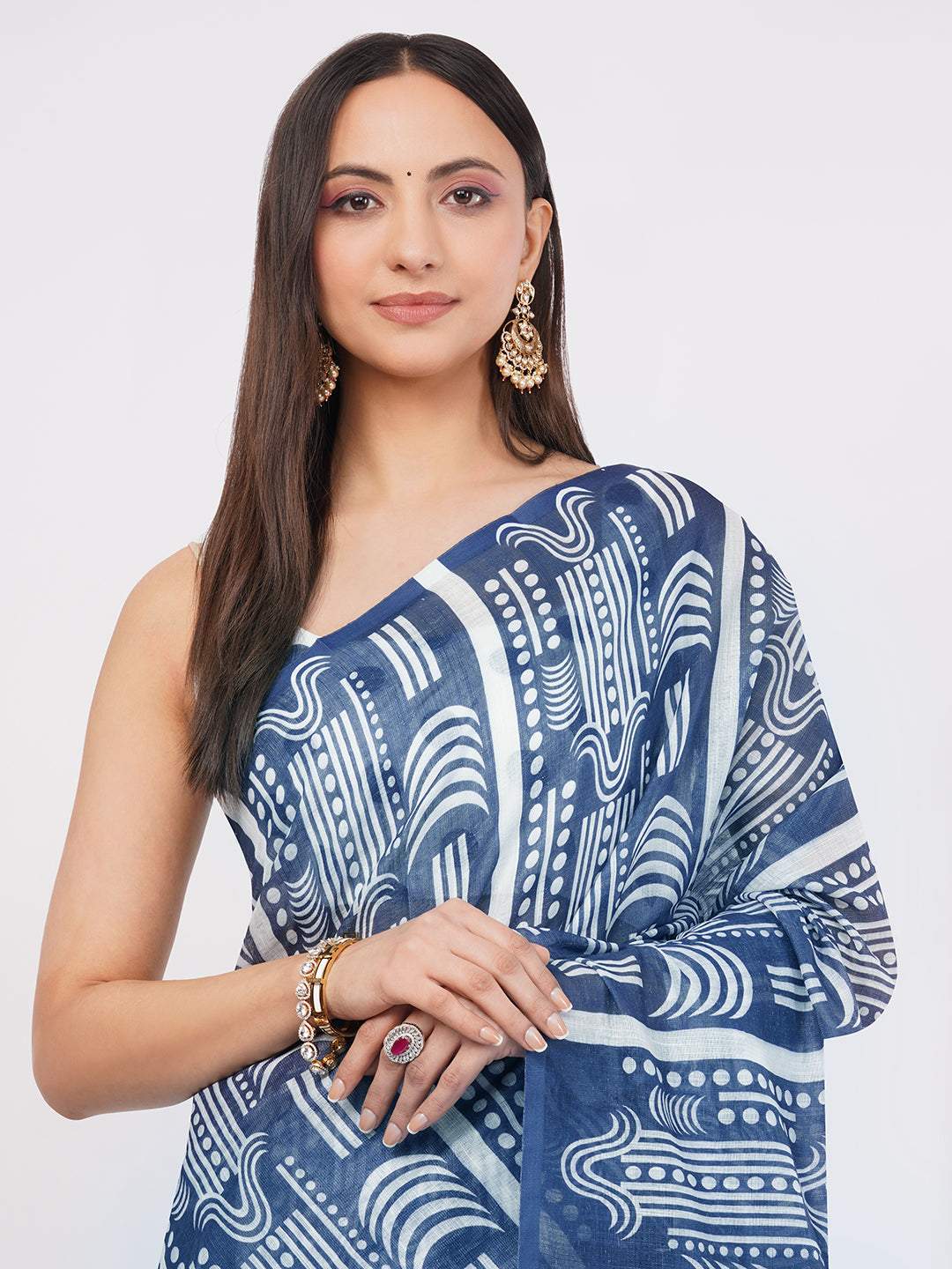 Samantha Women's Indigo Blue & White Geometric Printed Linen Saree with Polka Dot Blouse Piece | Breathable Corporate Office Wear