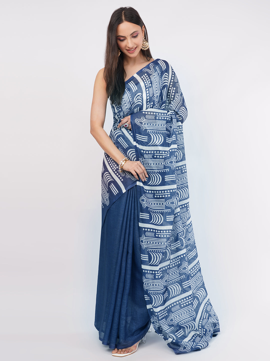 Samantha Women's Indigo Blue & White Geometric Printed Linen Saree with Polka Dot Blouse Piece | Breathable Corporate Office Wear