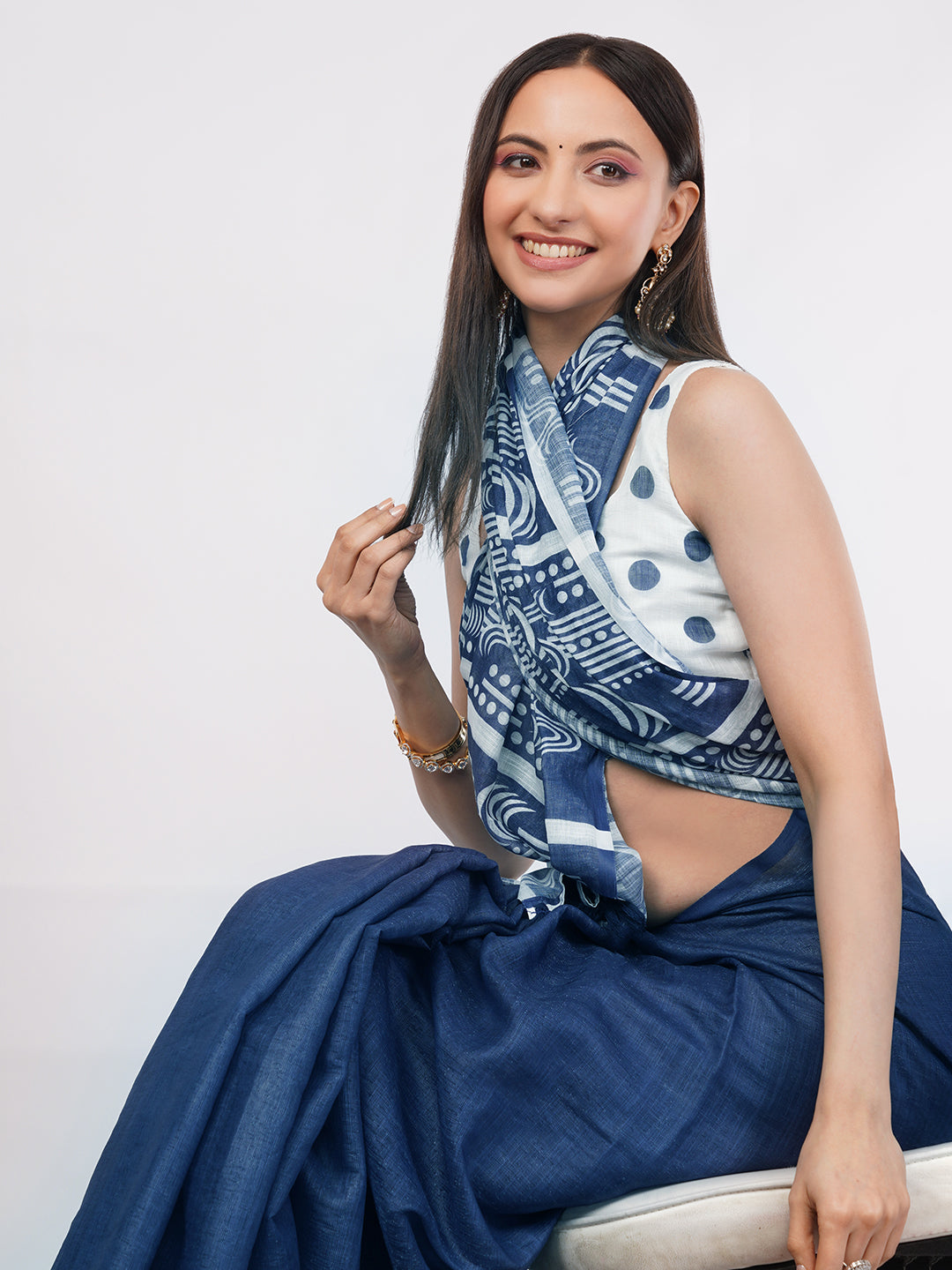 Samantha Women's Indigo Blue & White Geometric Printed Linen Saree with Polka Dot Blouse Piece | Breathable Corporate Office Wear