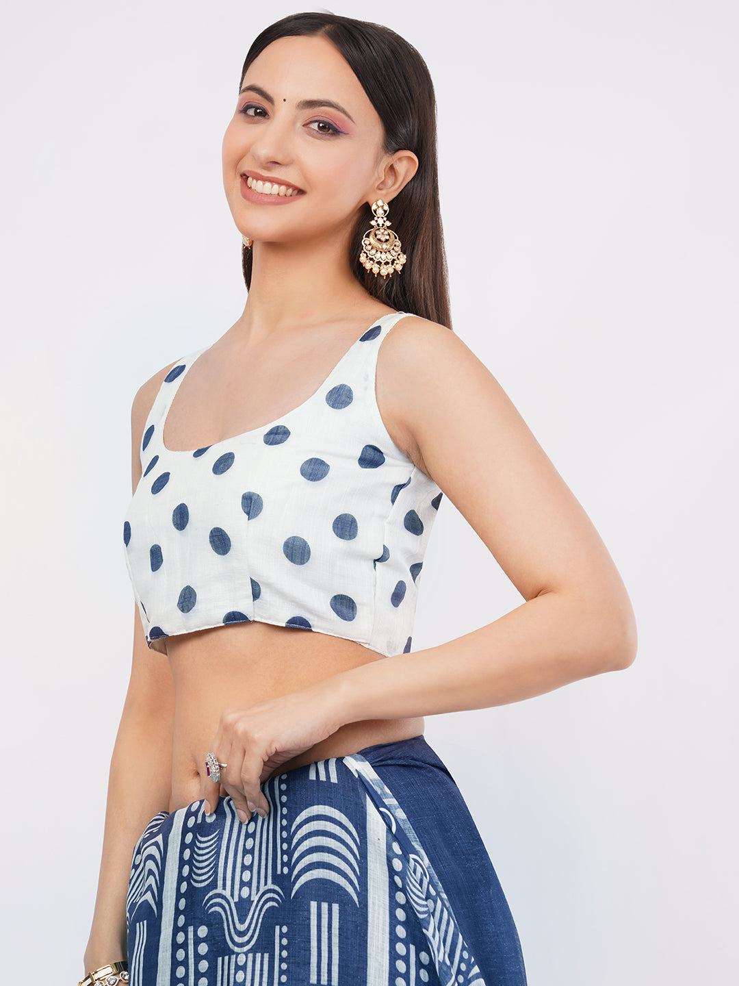 Samantha Women's Indigo Blue & White Geometric Printed Linen Saree with Polka Dot Blouse Piece | Breathable Corporate Office Wear