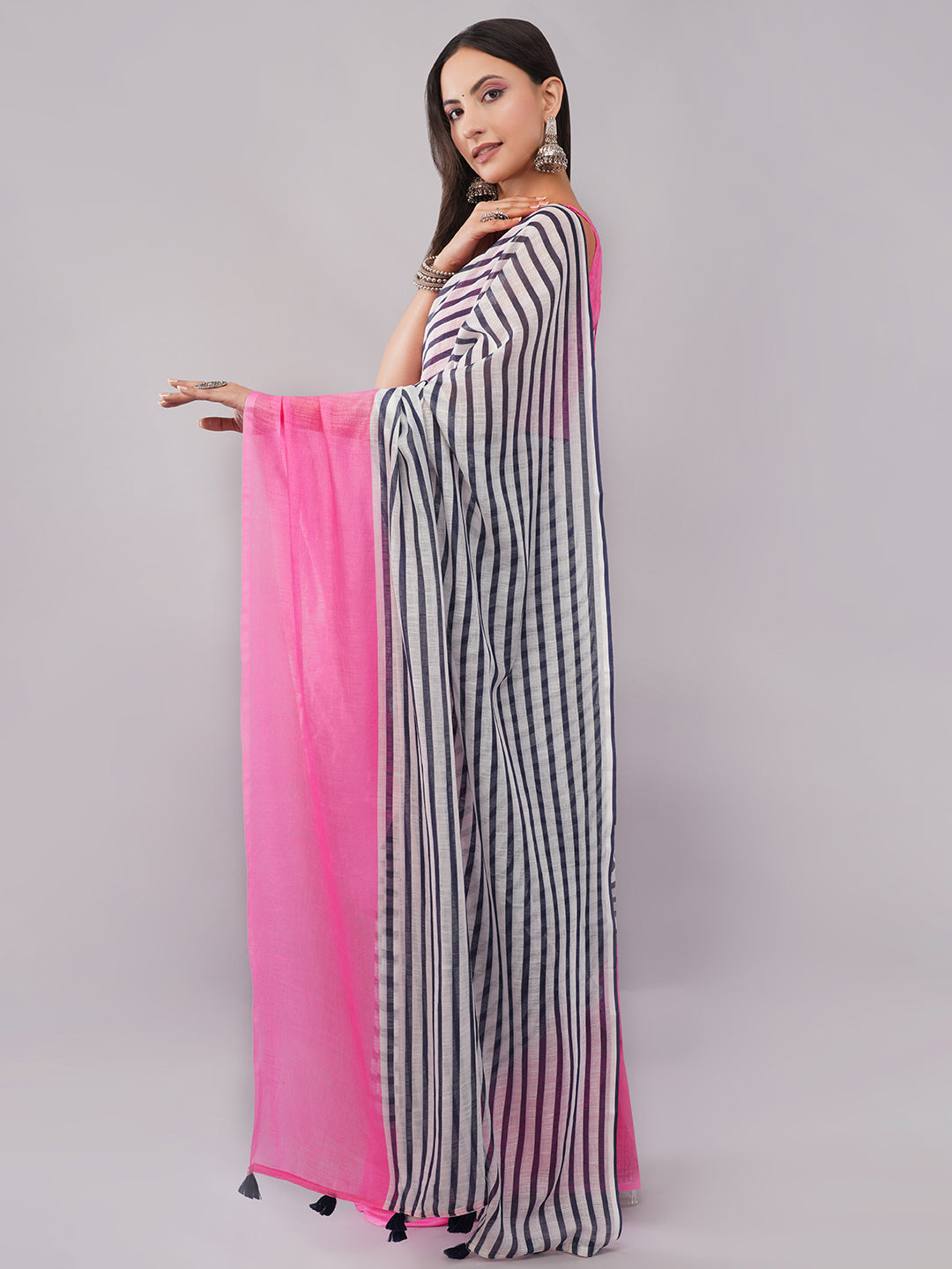 Samantha Women's White & Navy Blue Striped Linen Saree with Hot Pink Border | Chic Breathable Office Wear