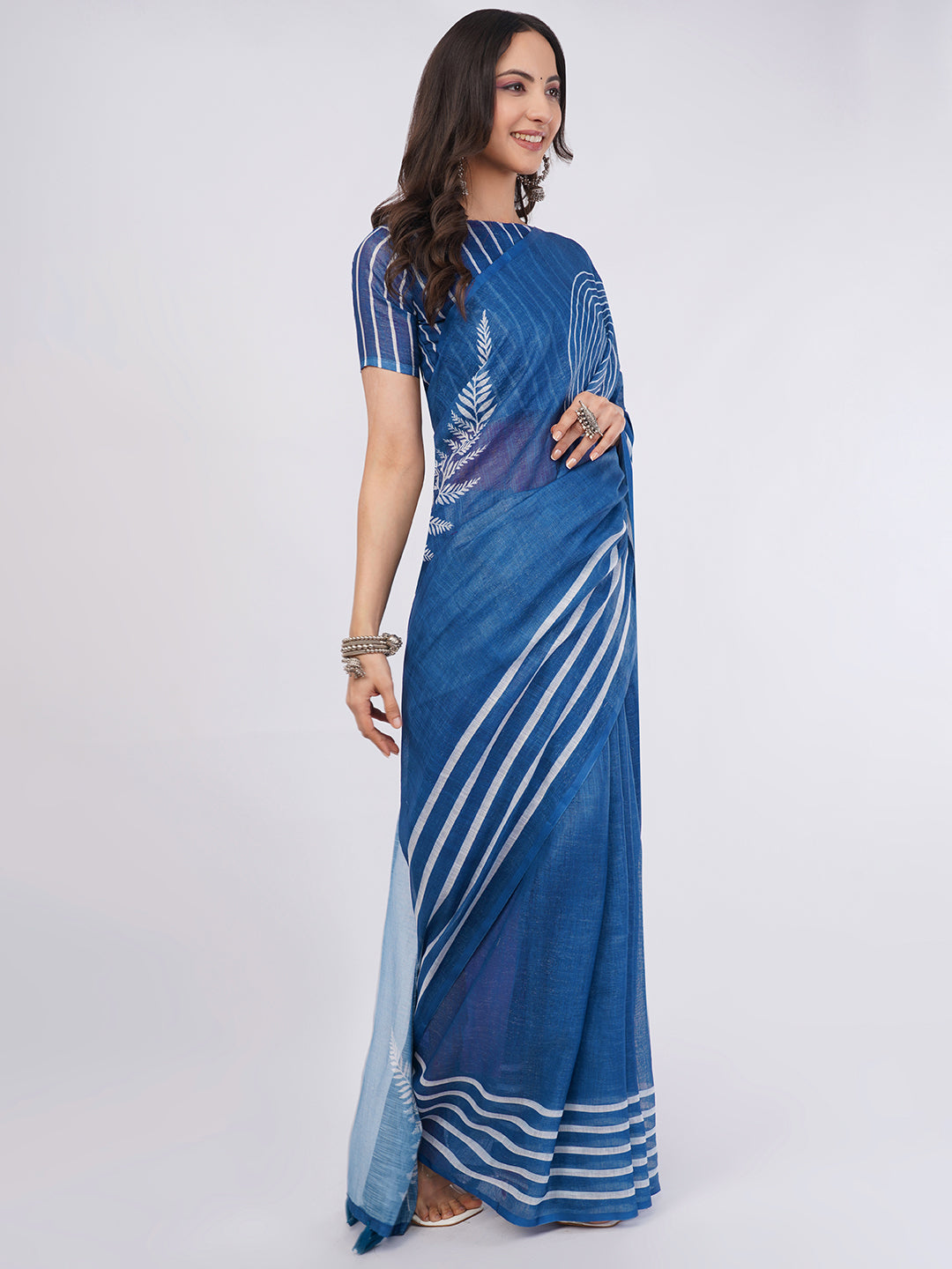 Samantha Women's Indigo Blue Linen Saree with White Spiral & Leaf Print | Artistic Breathable Office Wear with Striped Blouse Piece