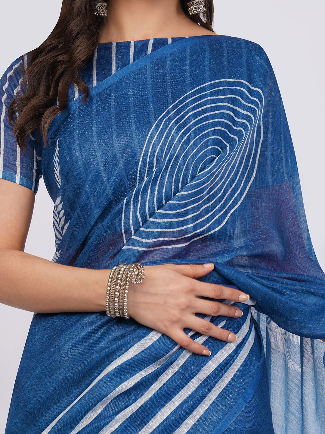 Samantha Women's Indigo Blue Linen Saree with White Spiral & Leaf Print | Artistic Breathable Office Wear with Striped Blouse Piece
