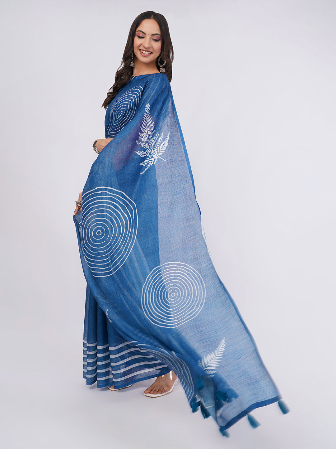 Samantha Women's Indigo Blue Linen Saree with White Spiral & Leaf Print | Artistic Breathable Office Wear with Striped Blouse Piece
