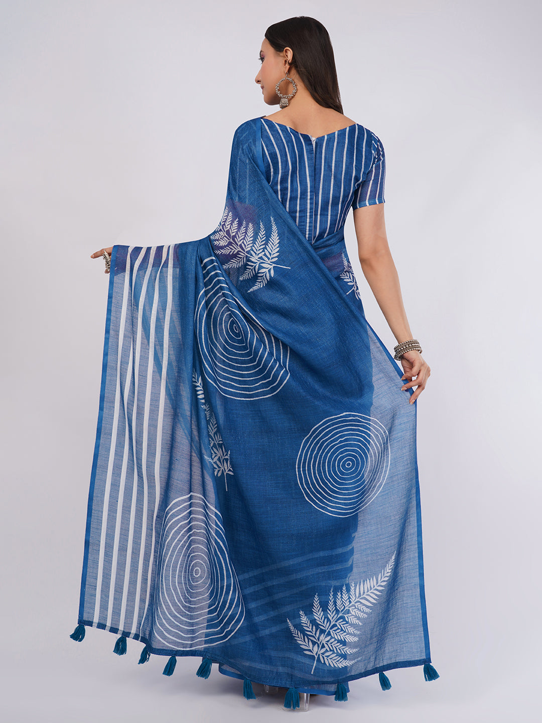 Samantha Women's Indigo Blue Linen Saree with White Spiral & Leaf Print | Artistic Breathable Office Wear with Striped Blouse Piece