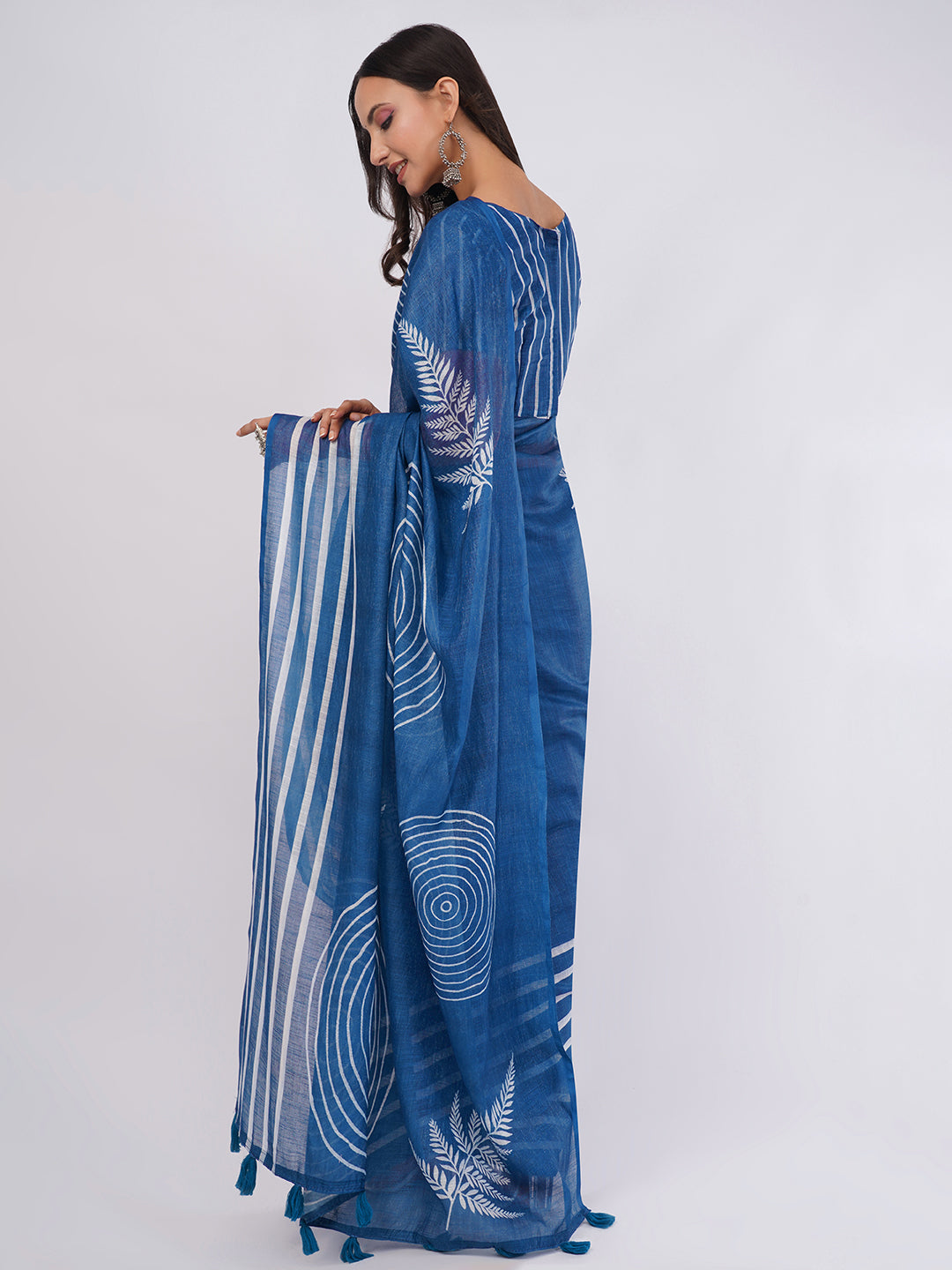 Samantha Women's Indigo Blue Linen Saree with White Spiral & Leaf Print | Artistic Breathable Office Wear with Striped Blouse Piece