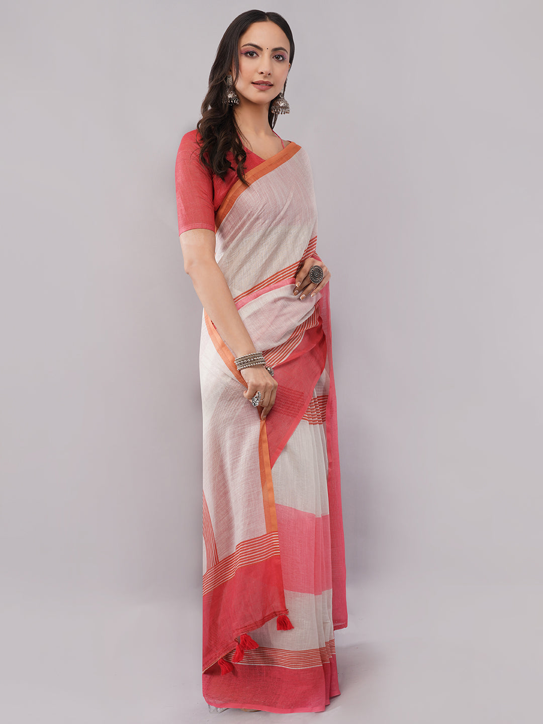 Samantha Women's White & Red Striped Border Linen Saree with Solid Blouse Piece | Elegant Breathable Office Wear