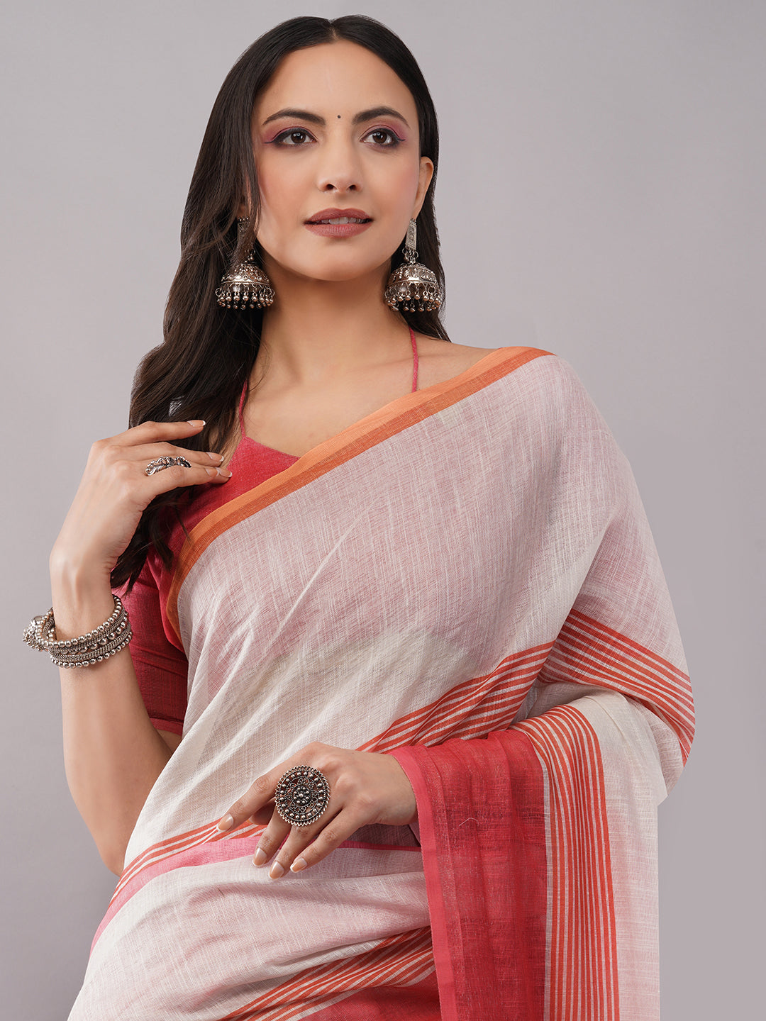 Samantha Women's White & Red Striped Border Linen Saree with Solid Blouse Piece | Elegant Breathable Office Wear