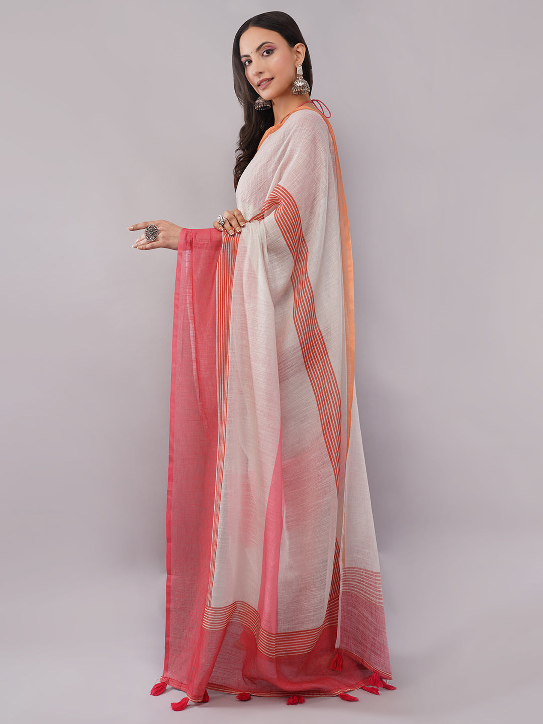 Samantha Women's White & Red Striped Border Linen Saree with Solid Blouse Piece | Elegant Breathable Office Wear