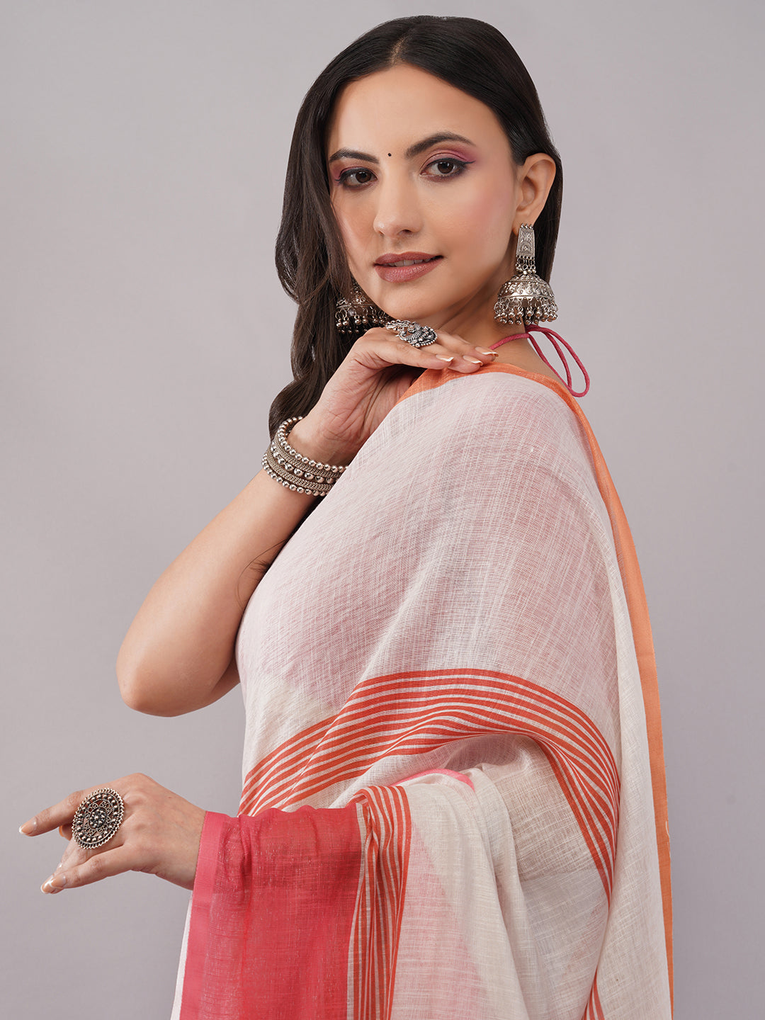 Samantha Women's White & Red Striped Border Linen Saree with Solid Blouse Piece | Elegant Breathable Office Wear