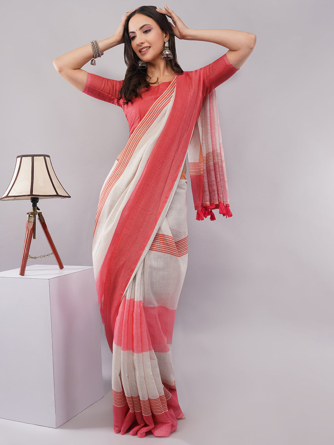 Samantha Women's White & Red Striped Border Linen Saree with Solid Blouse Piece | Elegant Breathable Office Wear
