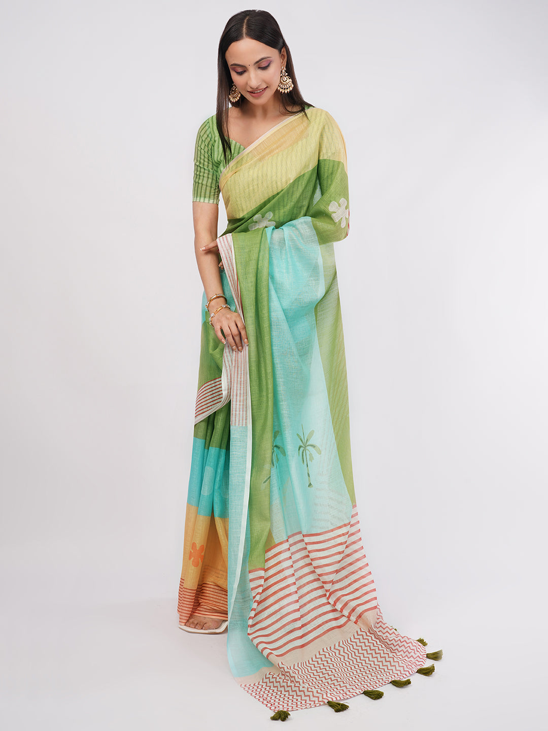 Samantha Women's Multicolor Tropical Green & Blue Linen Saree with Nature Motifs & Striped Blouse | Breathable Summer Vacation Wear
