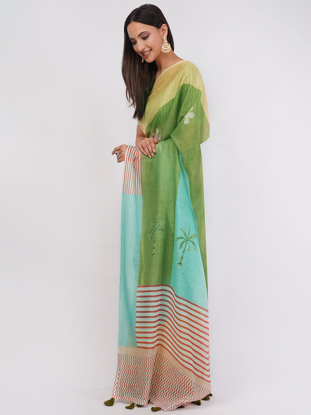 Samantha Women's Multicolor Tropical Green & Blue Linen Saree with Nature Motifs & Striped Blouse | Breathable Summer Vacation Wear