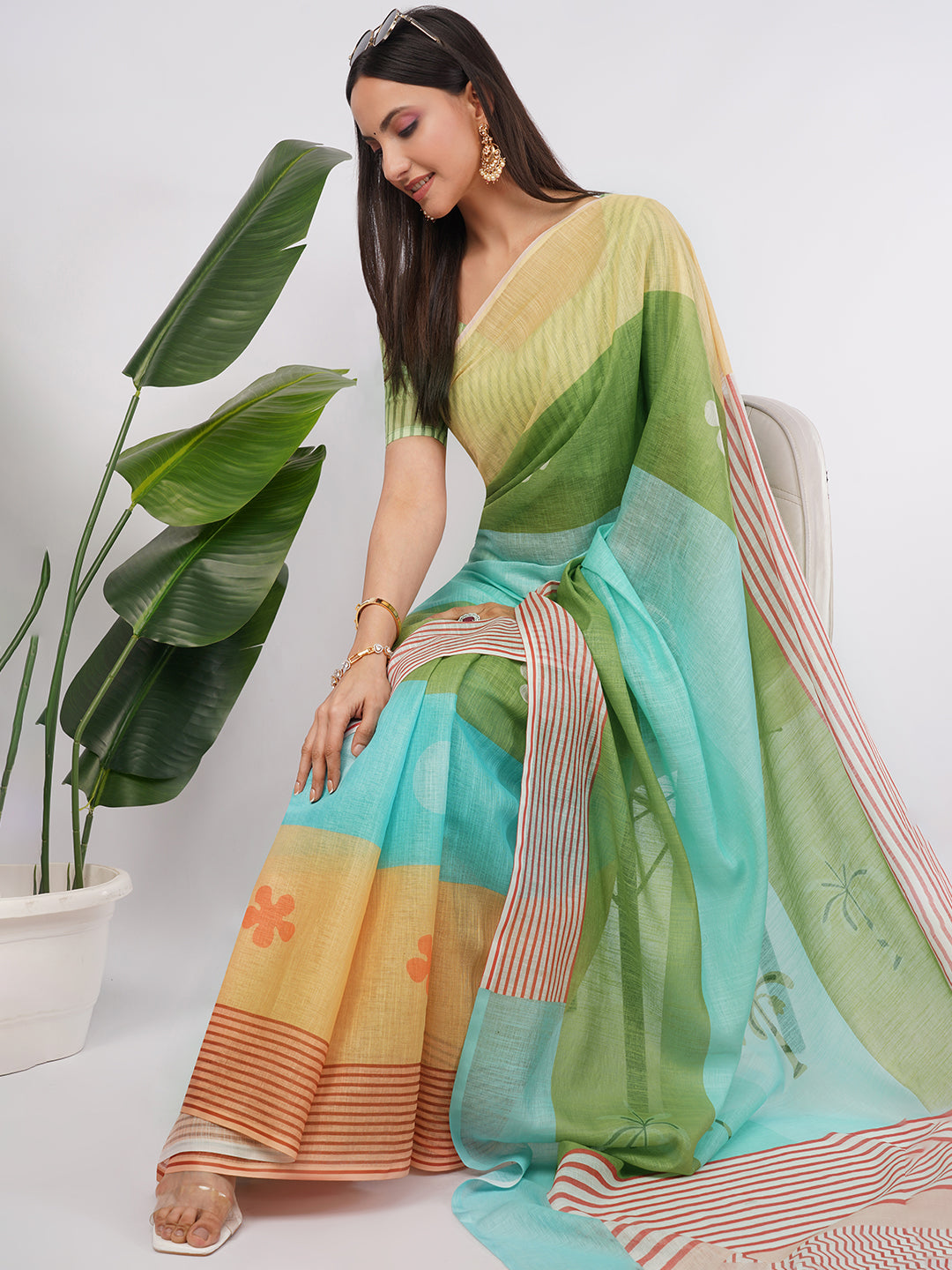 Samantha Women's Multicolor Tropical Green & Blue Linen Saree with Nature Motifs & Striped Blouse | Breathable Summer Vacation Wear