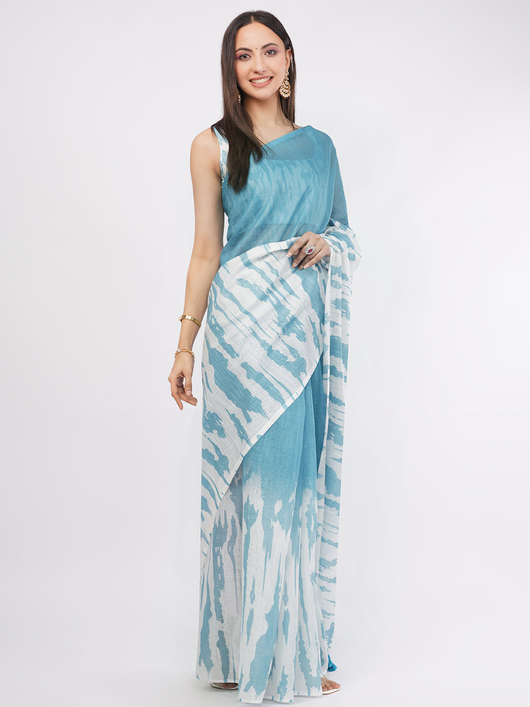 Samantha Women's Sky Blue & White Abstract Shibori Printed Linen Saree with Matching Blouse | Breathable Summer Day Wear