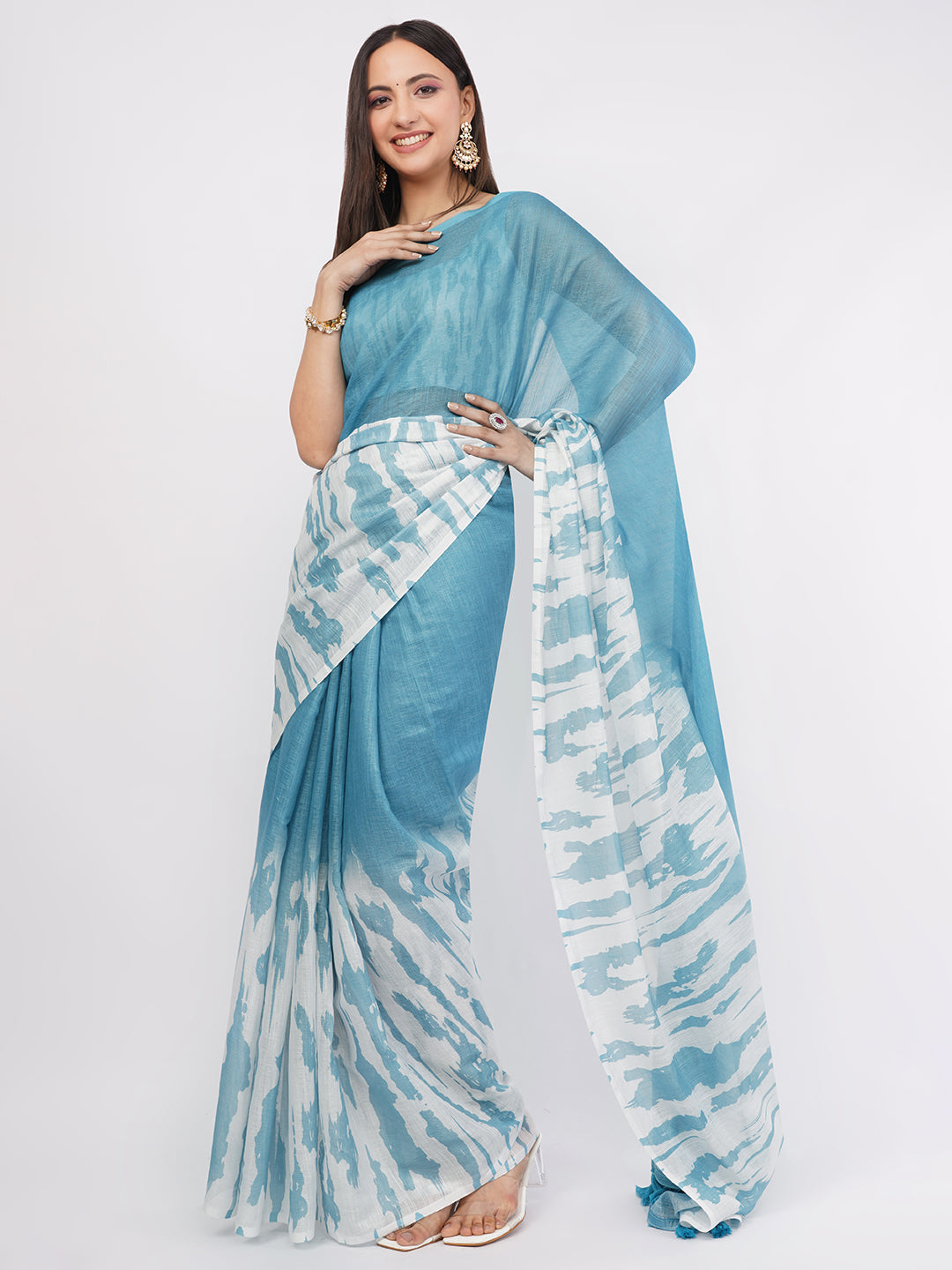 Samantha Women's Sky Blue & White Abstract Shibori Printed Linen Saree with Matching Blouse | Breathable Summer Day Wear