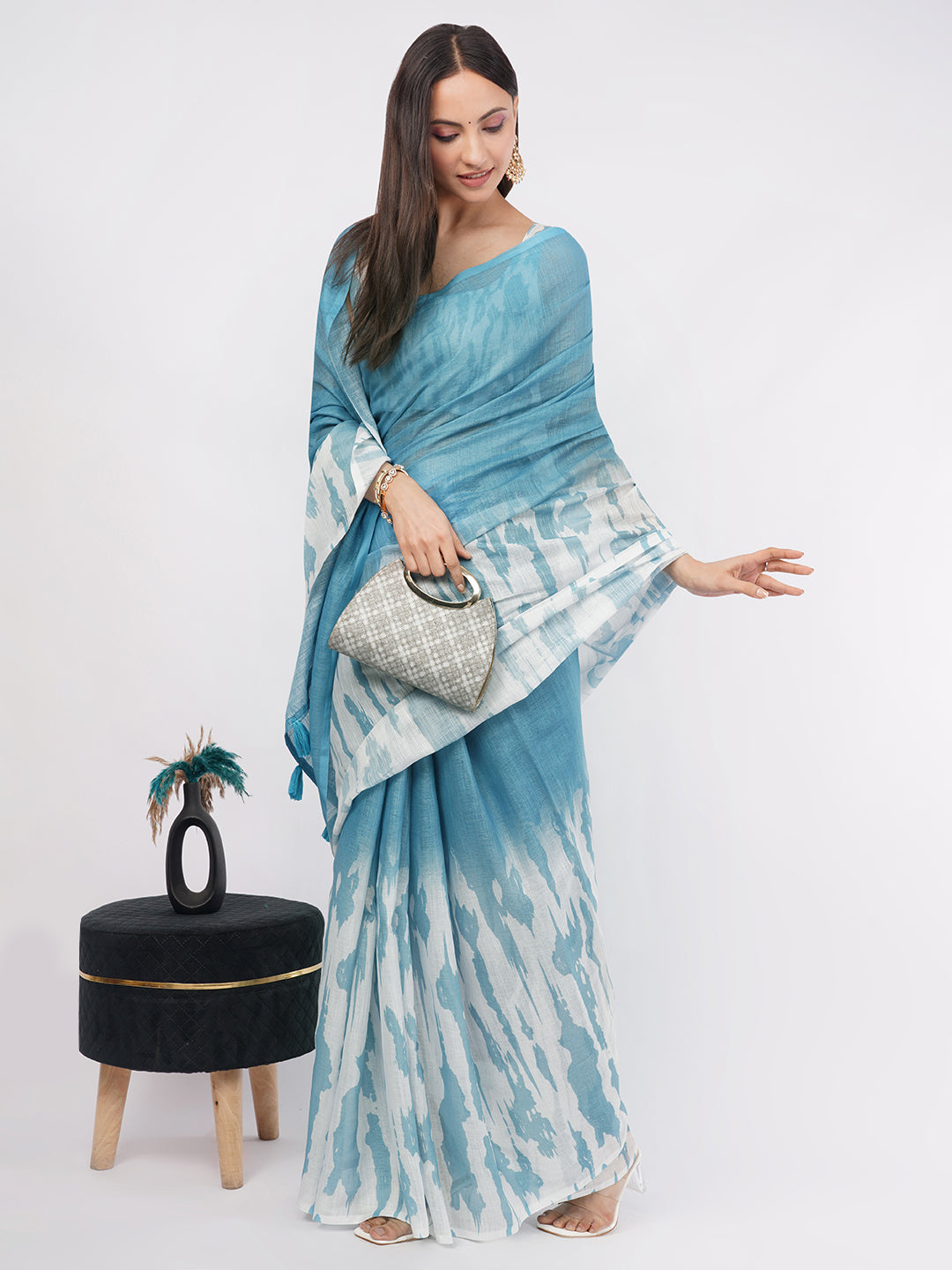 Samantha Women's Sky Blue & White Abstract Shibori Printed Linen Saree with Matching Blouse | Breathable Summer Day Wear