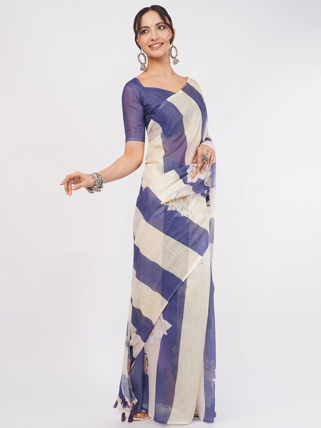 Samantha Women's Deep Blue & Beige Striped Floral Linen Saree with Solid Blouse | Elegant Breathable Office Wear