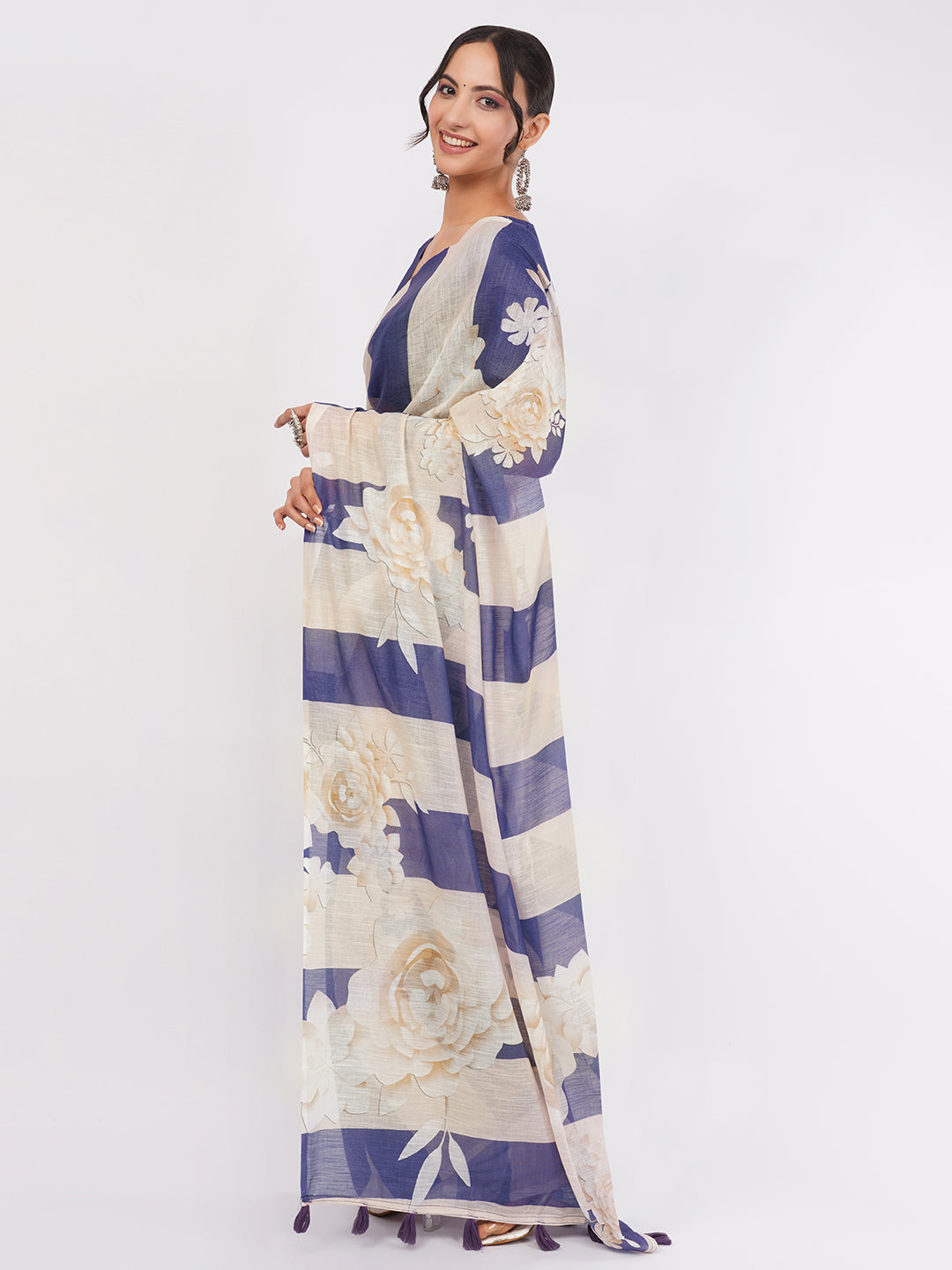 Samantha Women's Deep Blue & Beige Striped Floral Linen Saree with Solid Blouse | Elegant Breathable Office Wear