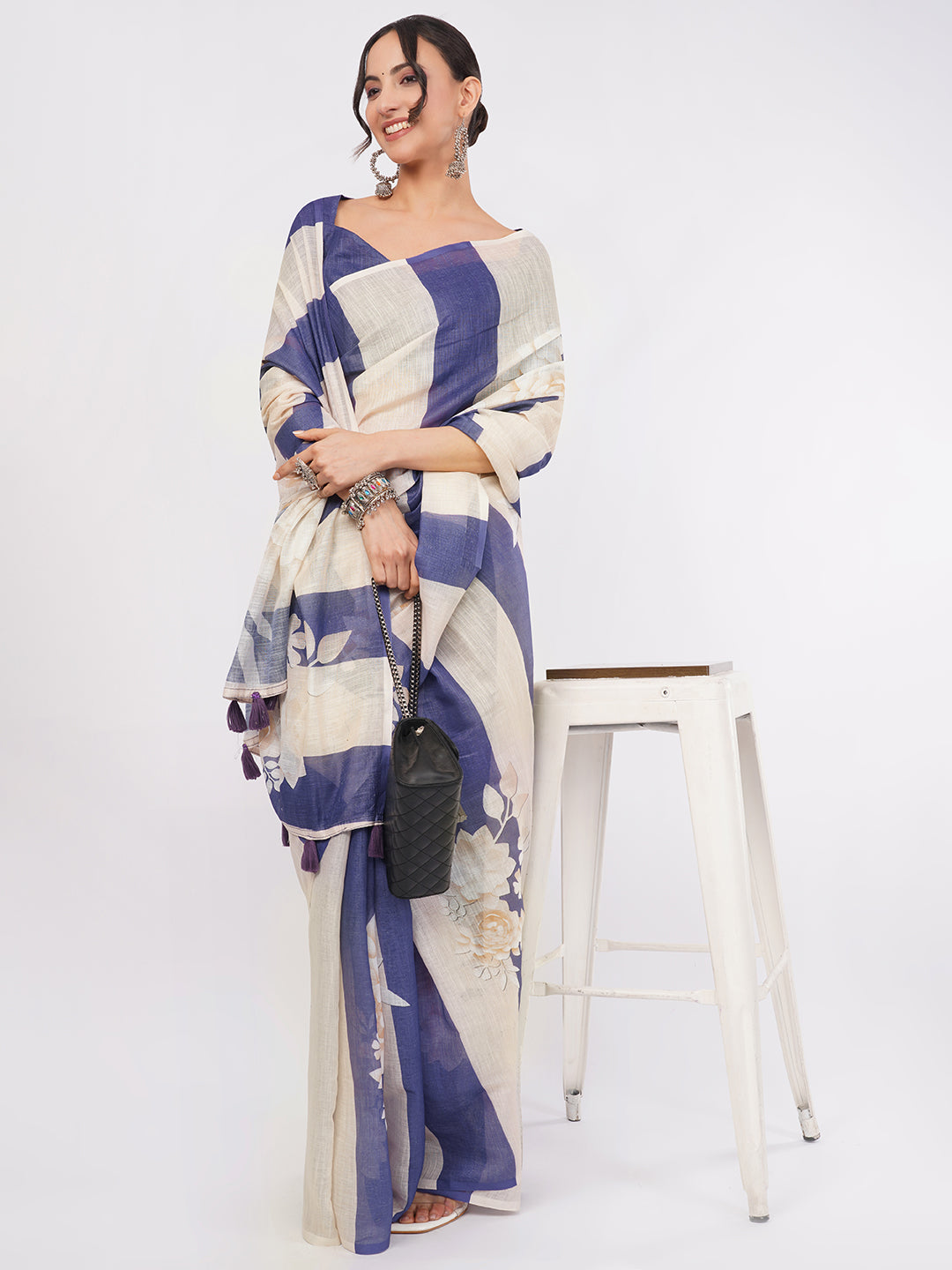 Samantha Women's Deep Blue & Beige Striped Floral Linen Saree with Solid Blouse | Elegant Breathable Office Wear