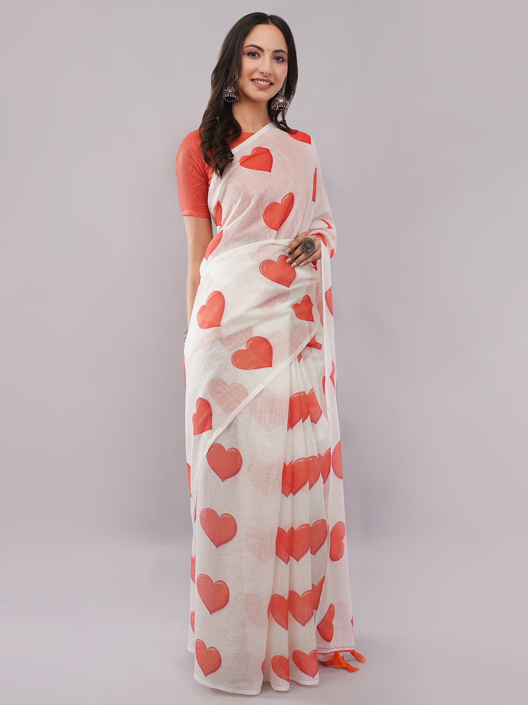 Samantha Women's White & Red Heart Printed Linen Saree with Solid Red Blouse | Romantic Breathable Summer Wear