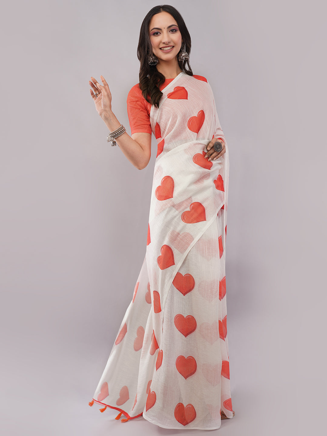 Samantha Women's White & Red Heart Printed Linen Saree with Solid Red Blouse | Romantic Breathable Summer Wear