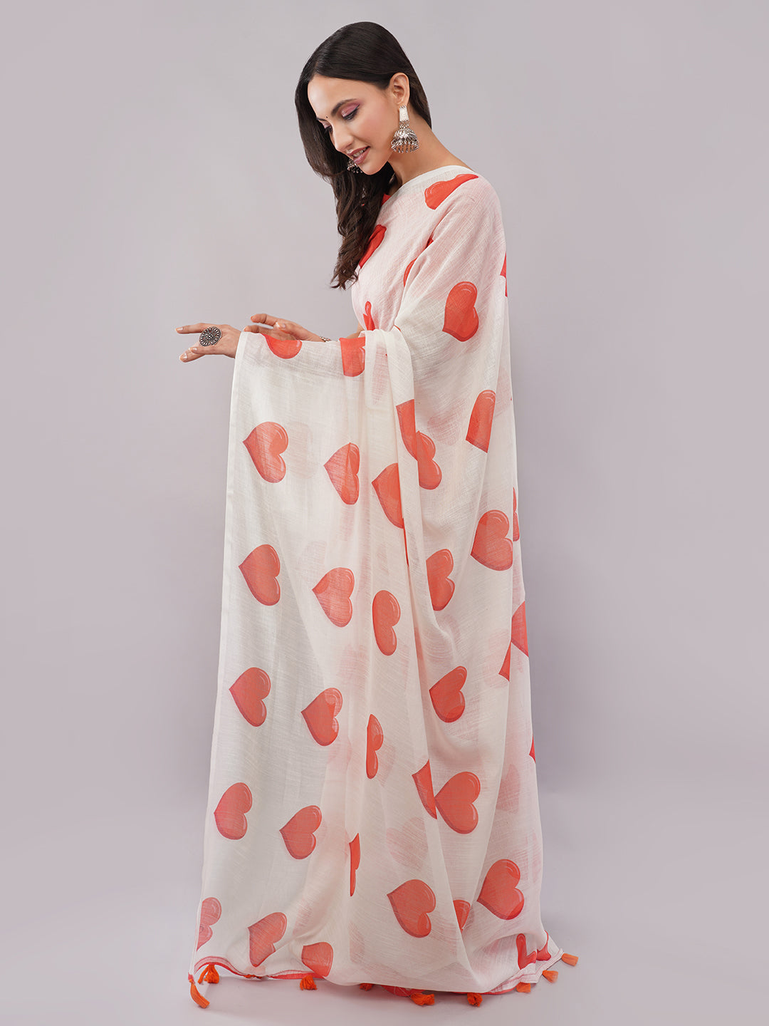 Samantha Women's White & Red Heart Printed Linen Saree with Solid Red Blouse | Romantic Breathable Summer Wear
