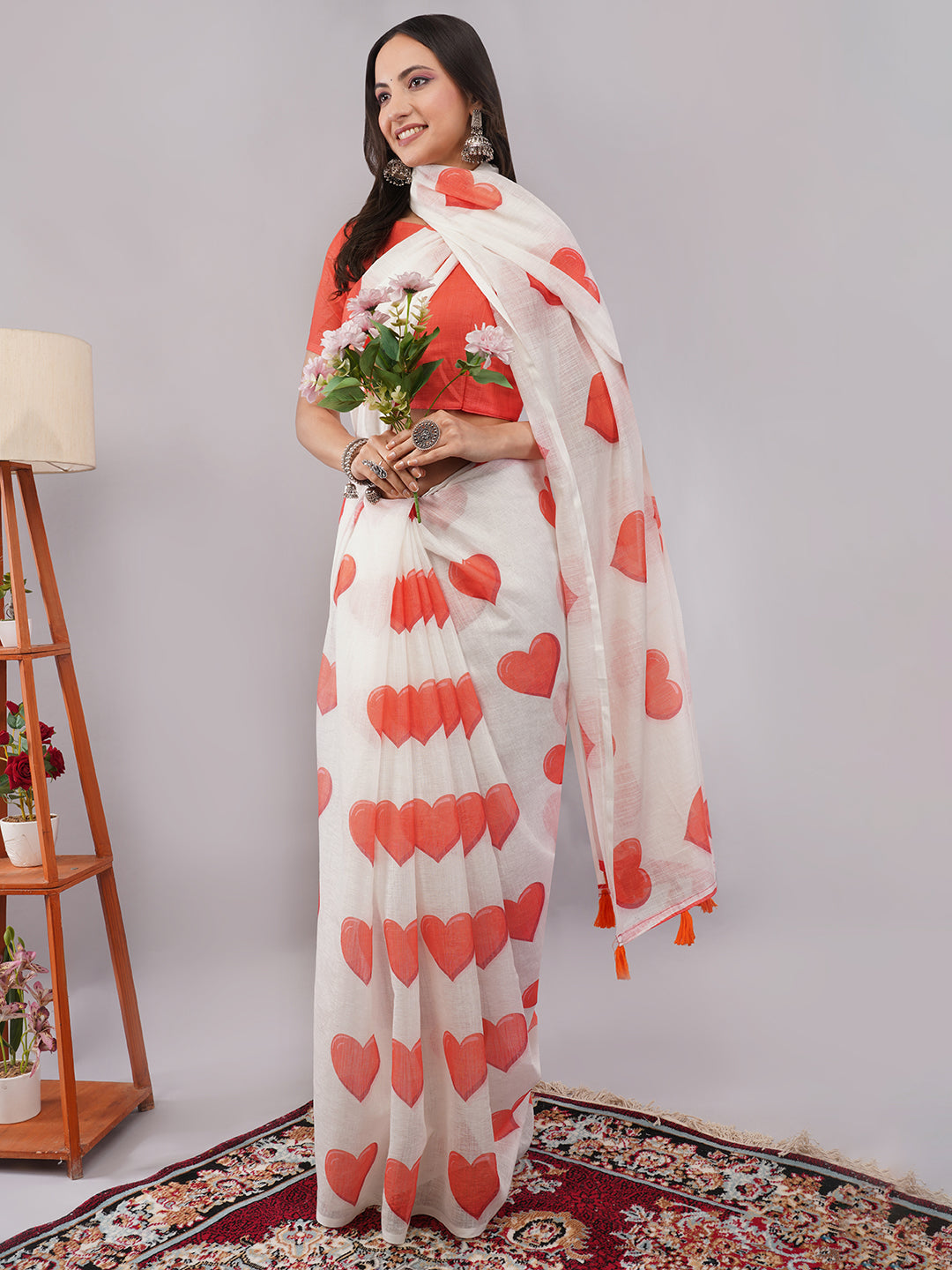 Samantha Women's White & Red Heart Printed Linen Saree with Solid Red Blouse | Romantic Breathable Summer Wear