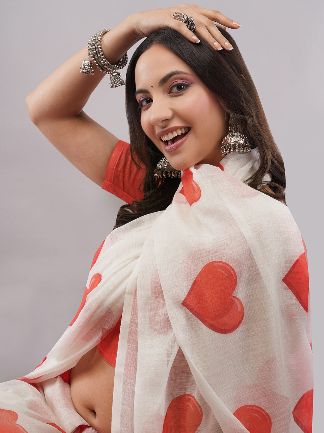Samantha Women's White & Red Heart Printed Linen Saree with Solid Red Blouse | Romantic Breathable Summer Wear