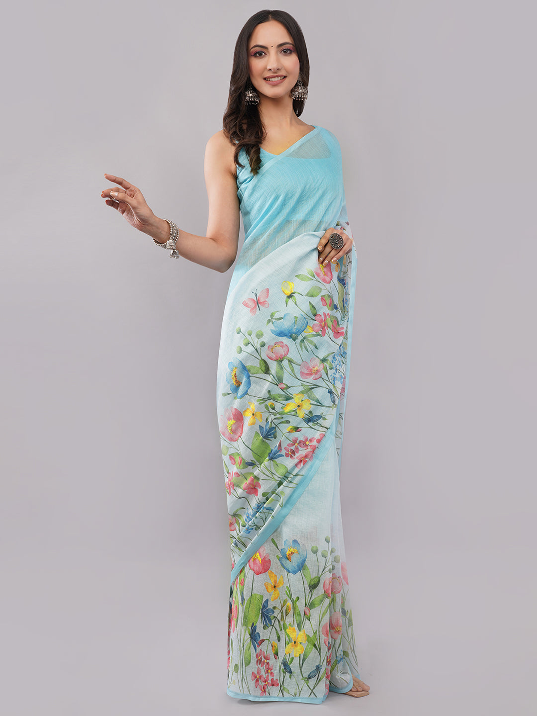 Samantha Women's Sky Blue Linen Saree with Multicolor Floral Print & Solid Blouse | Breathable Summer Garden Wear