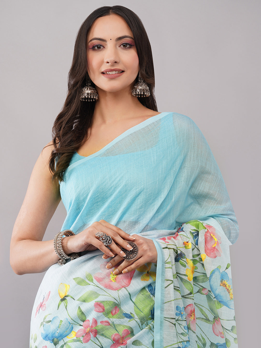 Samantha Women's Sky Blue Linen Saree with Multicolor Floral Print & Solid Blouse | Breathable Summer Garden Wear