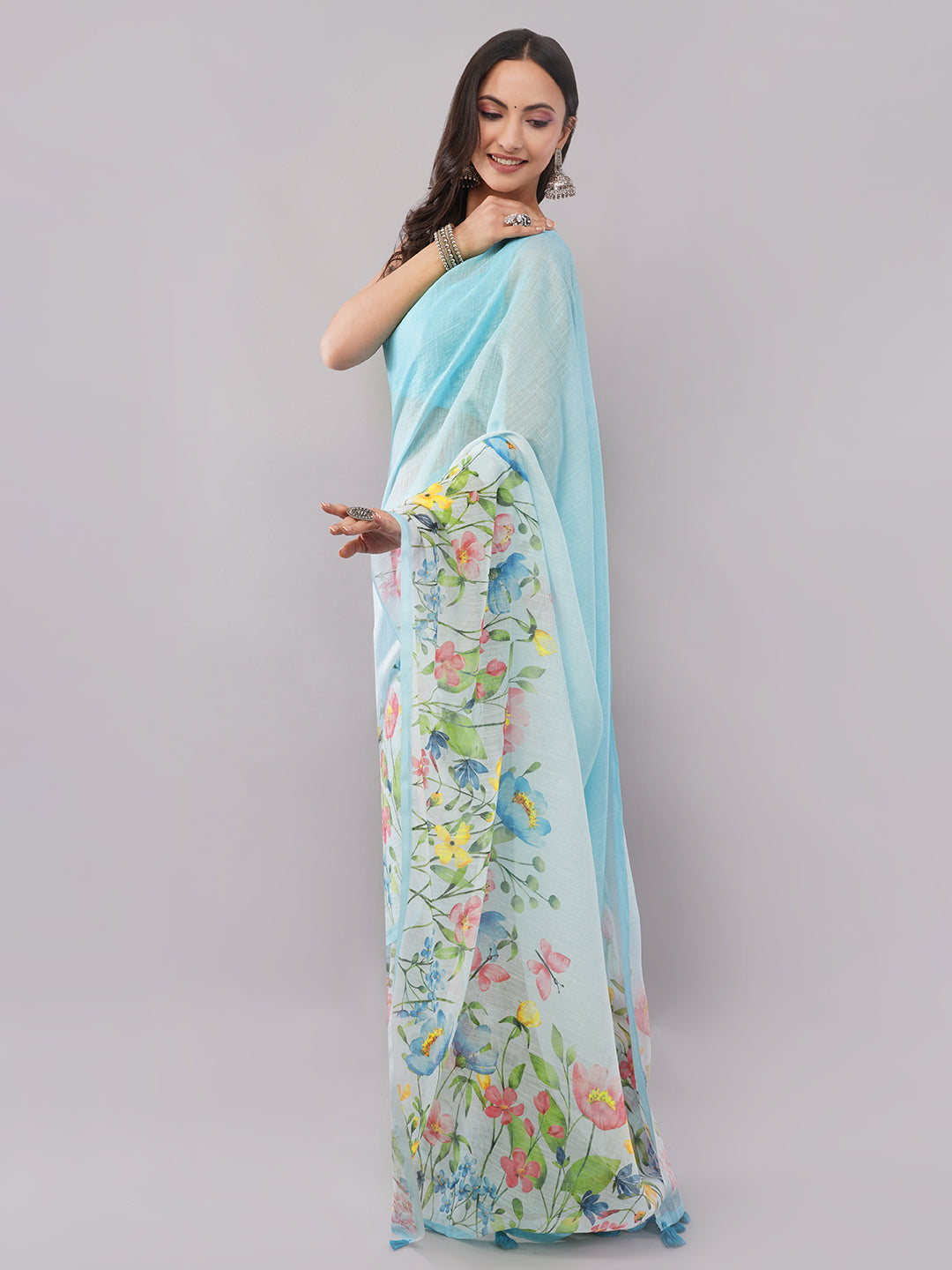 Samantha Women's Sky Blue Linen Saree with Multicolor Floral Print & Solid Blouse | Breathable Summer Garden Wear