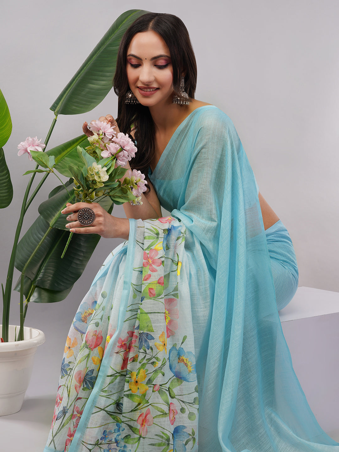 Samantha Women's Sky Blue Linen Saree with Multicolor Floral Print & Solid Blouse | Breathable Summer Garden Wear