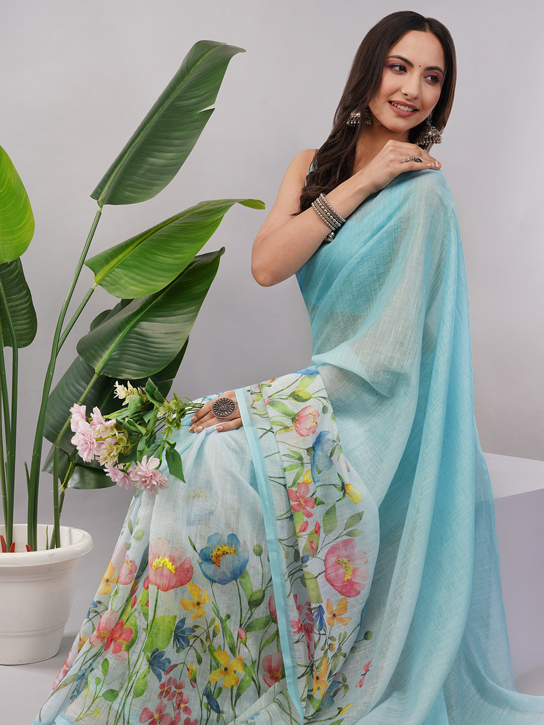 Samantha Women's Sky Blue Linen Saree with Multicolor Floral Print & Solid Blouse | Breathable Summer Garden Wear