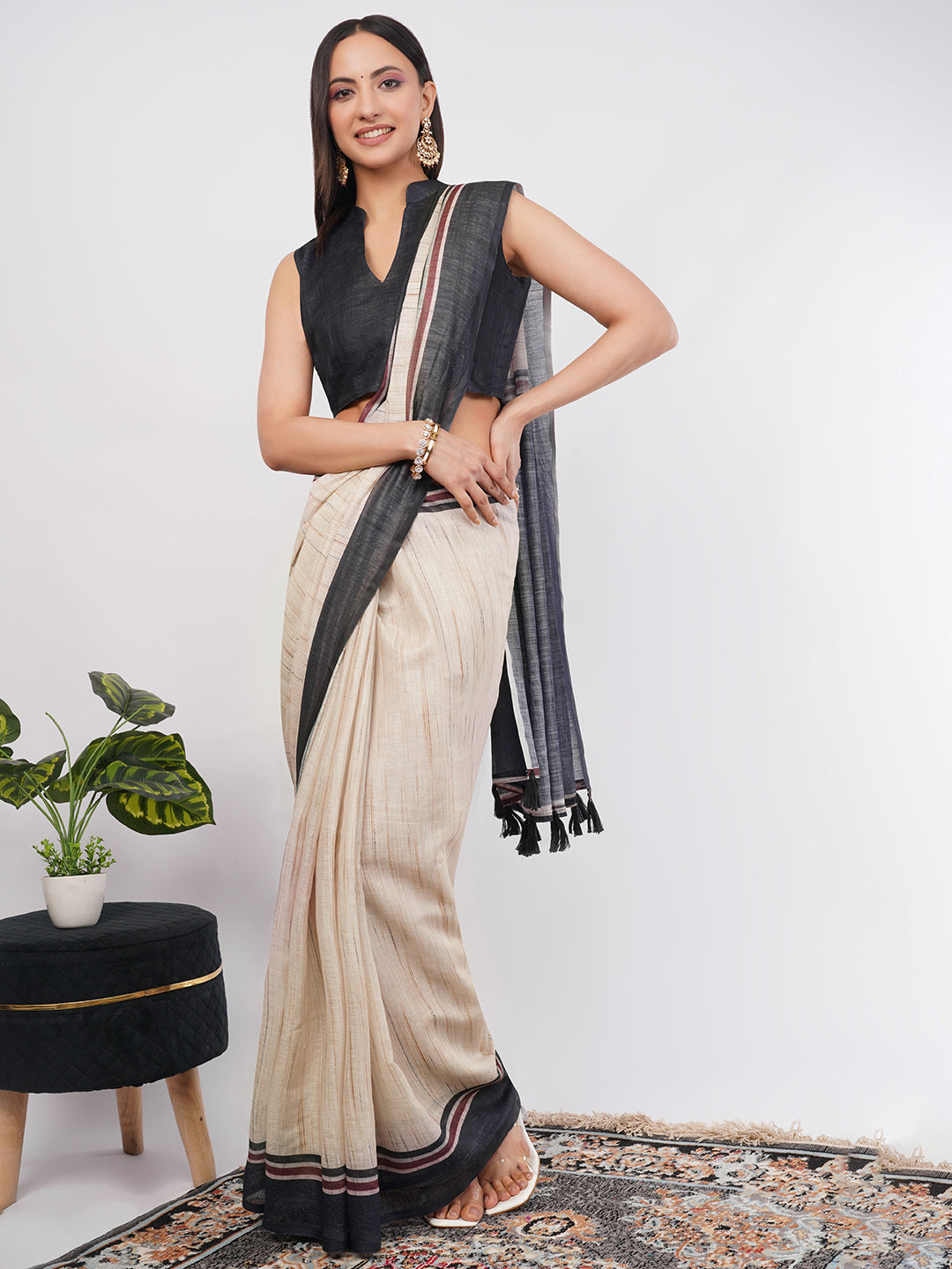 Samantha Women's Beige & Black Pinstriped Linen Saree with Solid Blouse | Minimalist Breathable Office Wear
