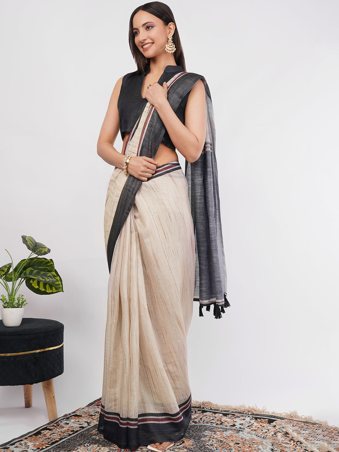 Samantha Women's Beige & Black Pinstriped Linen Saree with Solid Blouse | Minimalist Breathable Office Wear