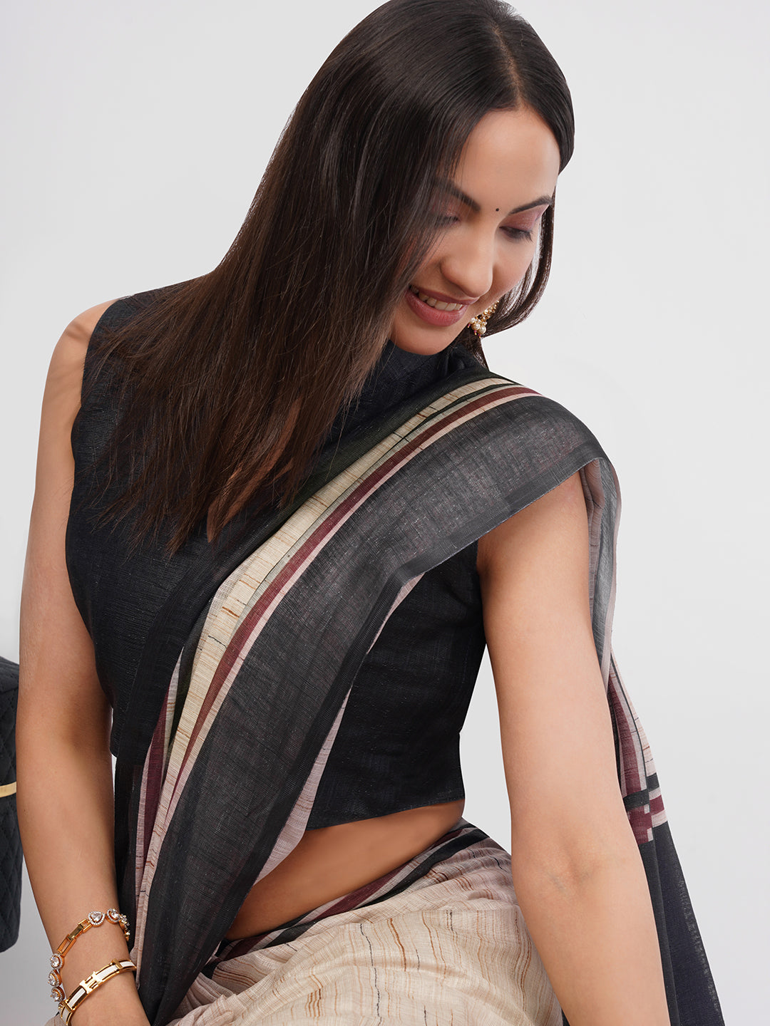 Samantha Women's Beige & Black Pinstriped Linen Saree with Solid Blouse | Minimalist Breathable Office Wear