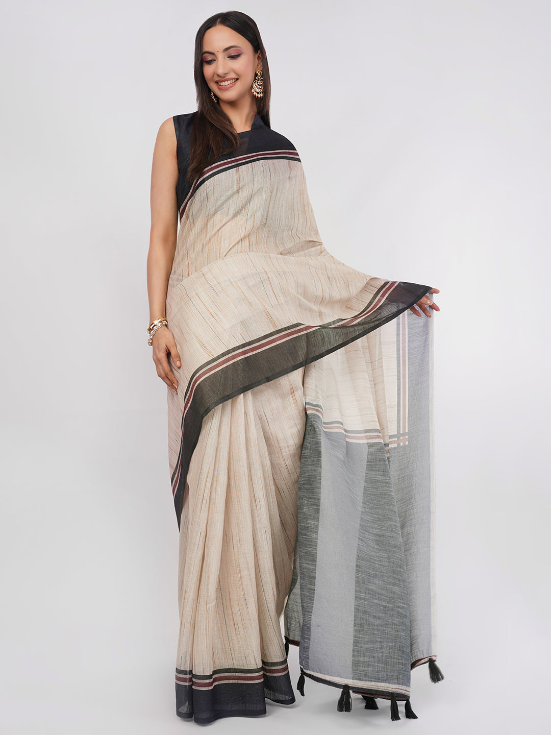 Samantha Women's Beige & Black Pinstriped Linen Saree with Solid Blouse | Minimalist Breathable Office Wear
