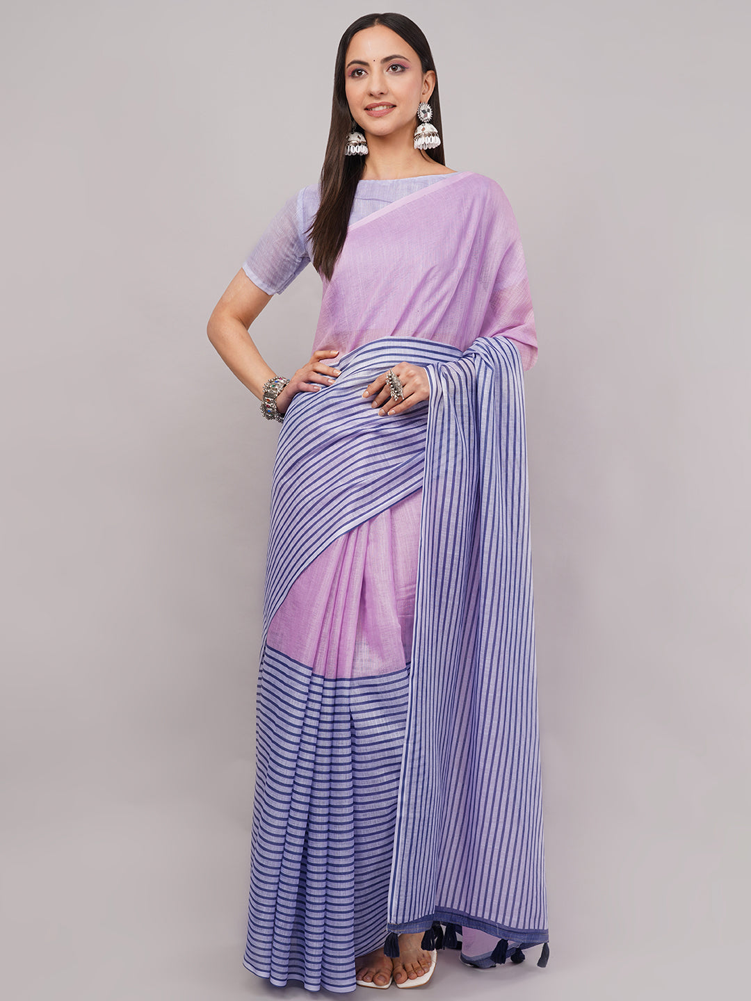Samantha Women's Lavender & Blue Striped Linen Saree with Solid Blouse | Pastel Breathable Summer Office Wear