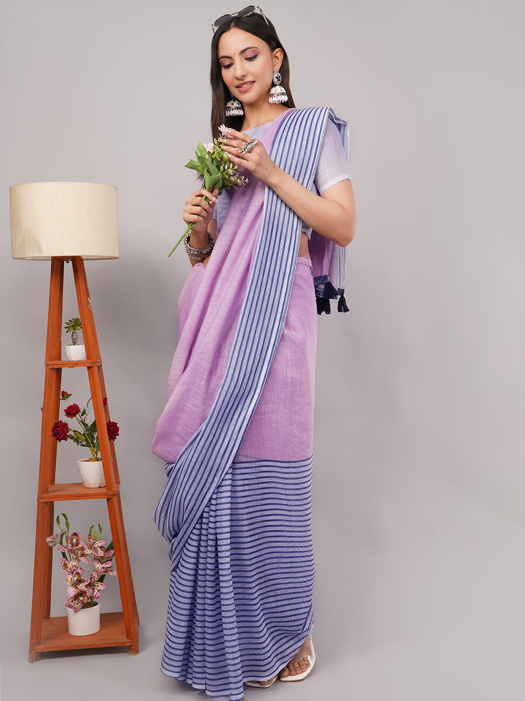 Samantha Women's Lavender & Blue Striped Linen Saree with Solid Blouse | Pastel Breathable Summer Office Wear