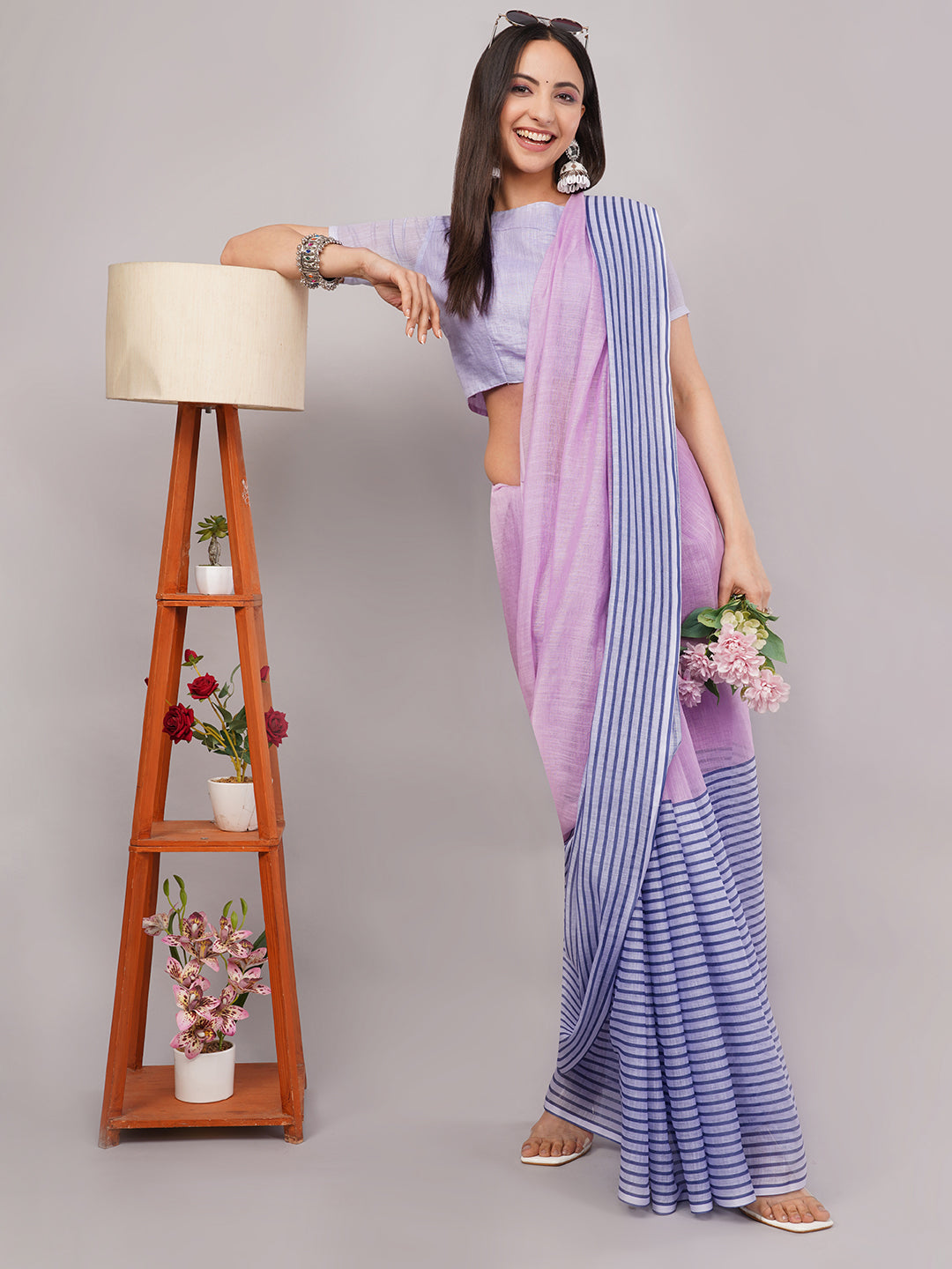 Samantha Women's Lavender & Blue Striped Linen Saree with Solid Blouse | Pastel Breathable Summer Office Wear