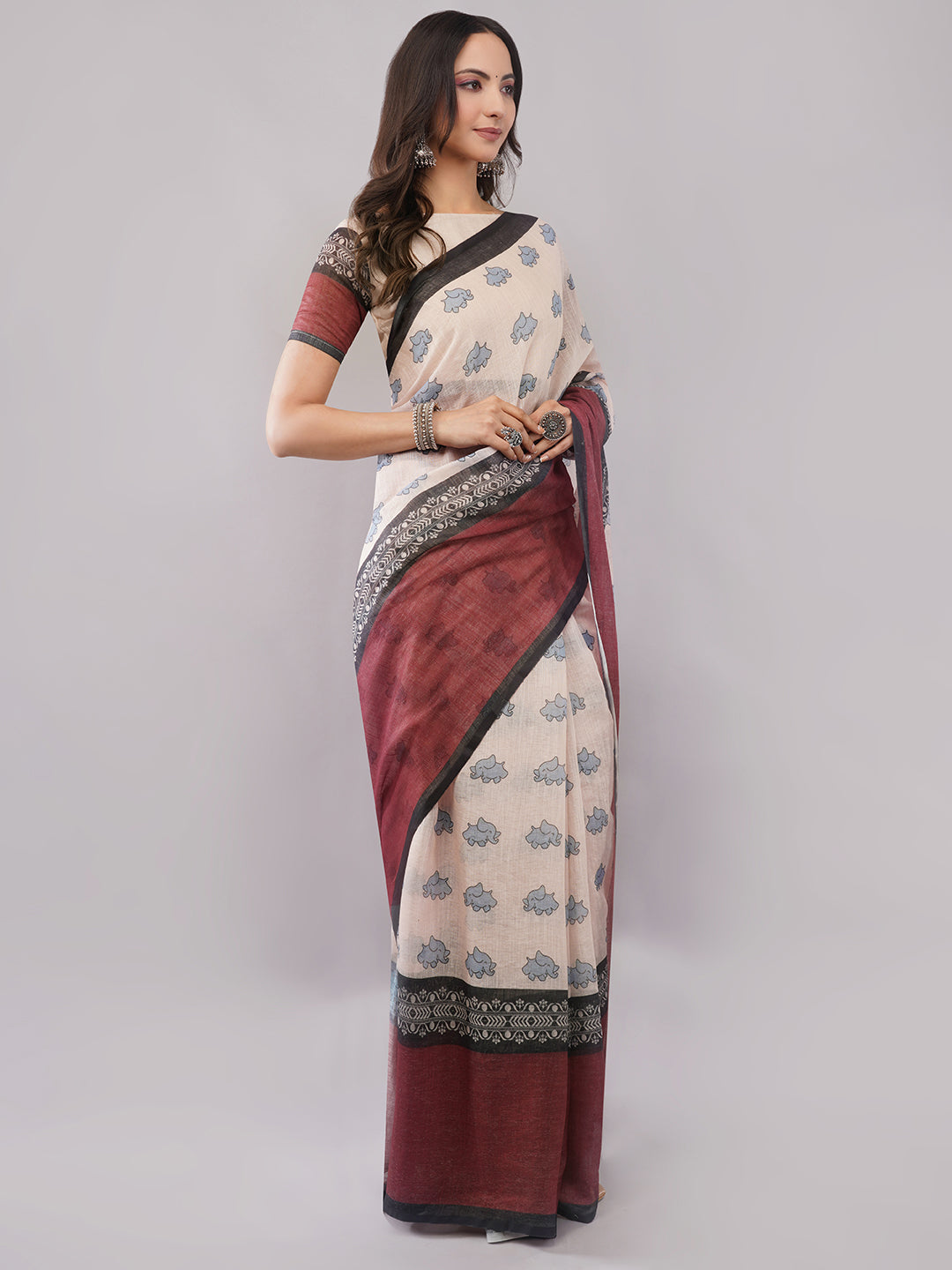 Samantha Women's Cream & Maroon Linen Saree with Cute Elephant Motifs | Quirky Breathable Office Wear