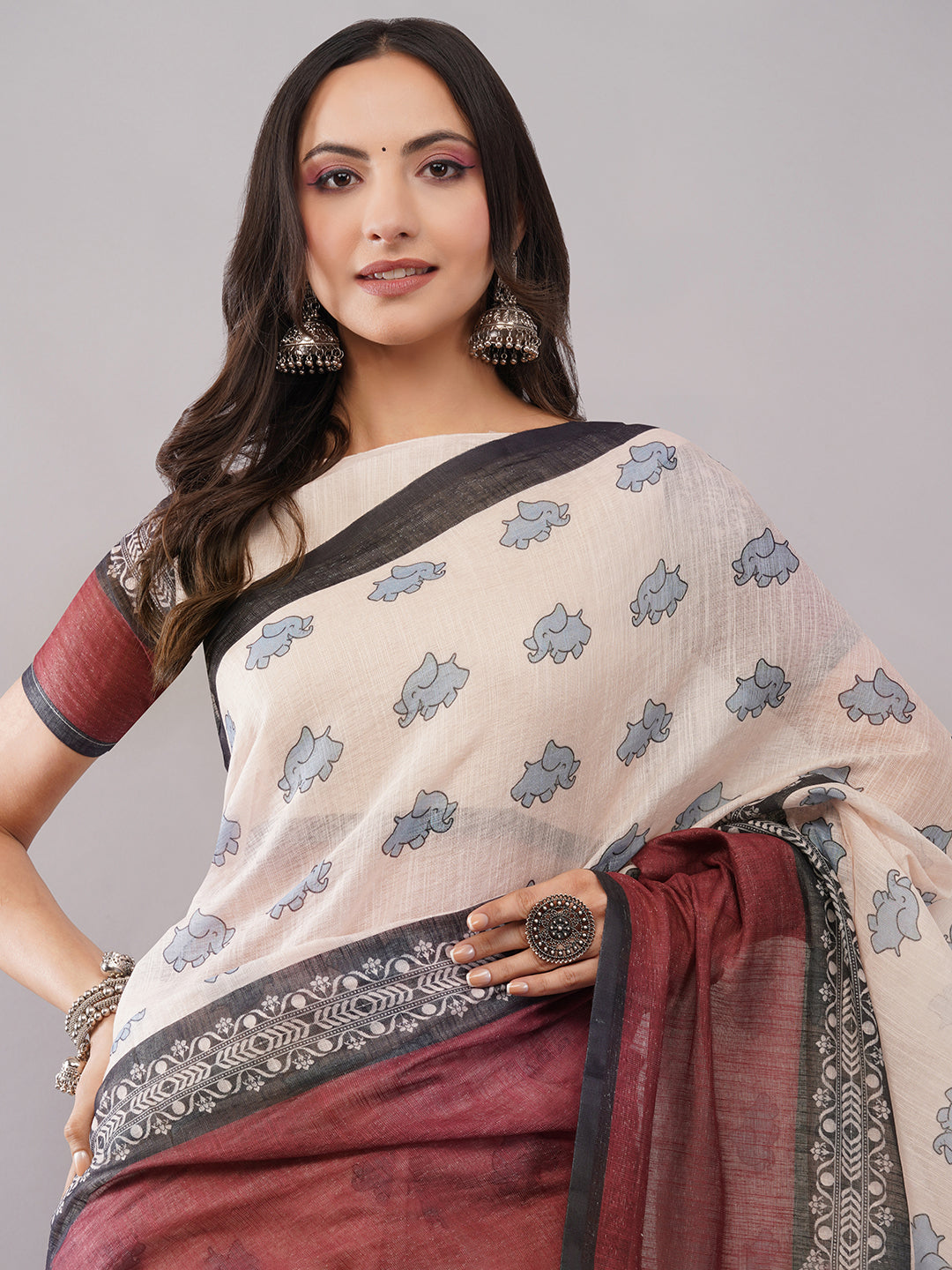 Samantha Women's Cream & Maroon Linen Saree with Cute Elephant Motifs | Quirky Breathable Office Wear