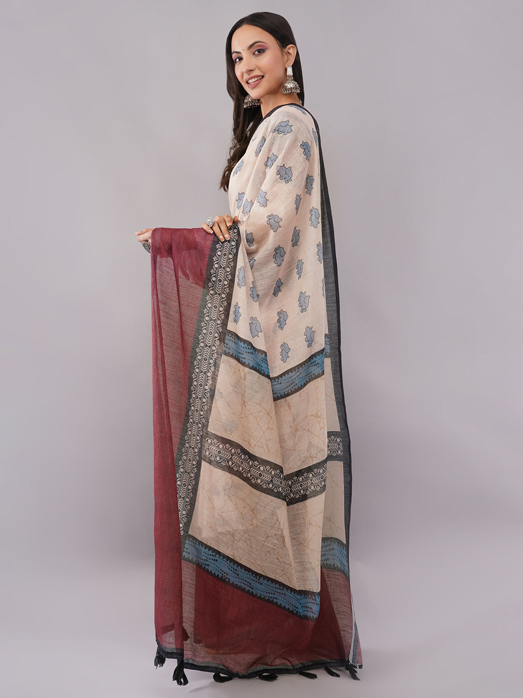 Samantha Women's Cream & Maroon Linen Saree with Cute Elephant Motifs | Quirky Breathable Office Wear