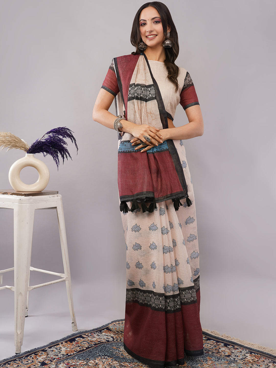 Samantha Women's Cream & Maroon Linen Saree with Cute Elephant Motifs | Quirky Breathable Office Wear