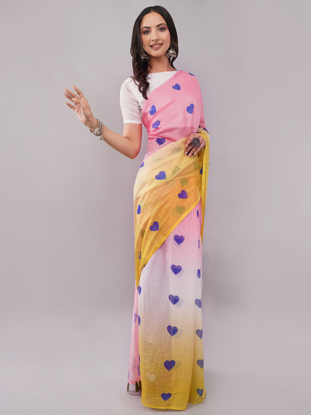Samantha Women's Pink & Yellow Ombre Linen Saree with Blue Heart Print | Funky Breathable Summer Wear