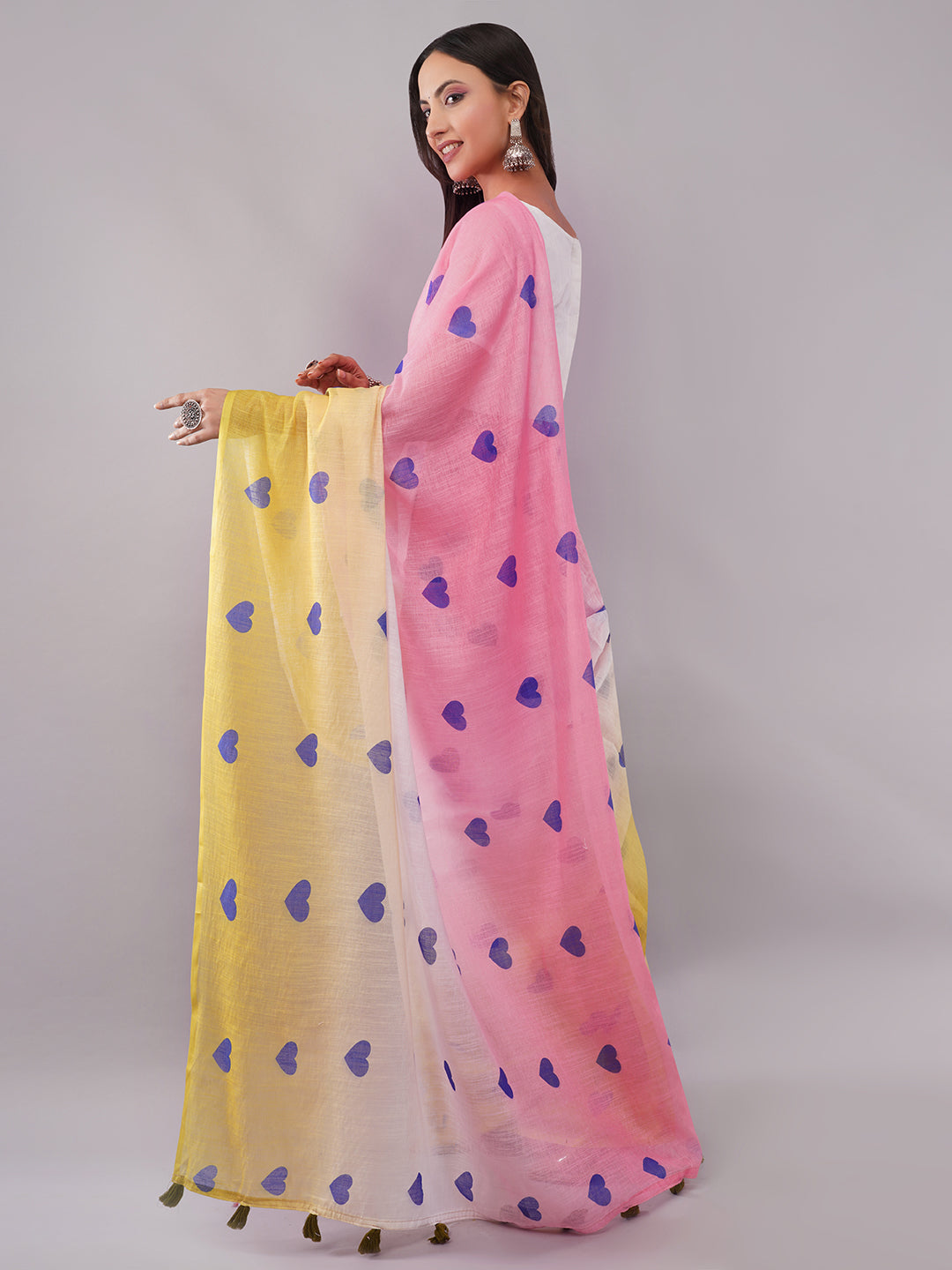 Samantha Women's Pink & Yellow Ombre Linen Saree with Blue Heart Print | Funky Breathable Summer Wear